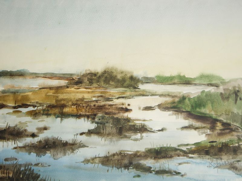 Kurt Hübner, Flachwasser am See, 1998, Aquarell